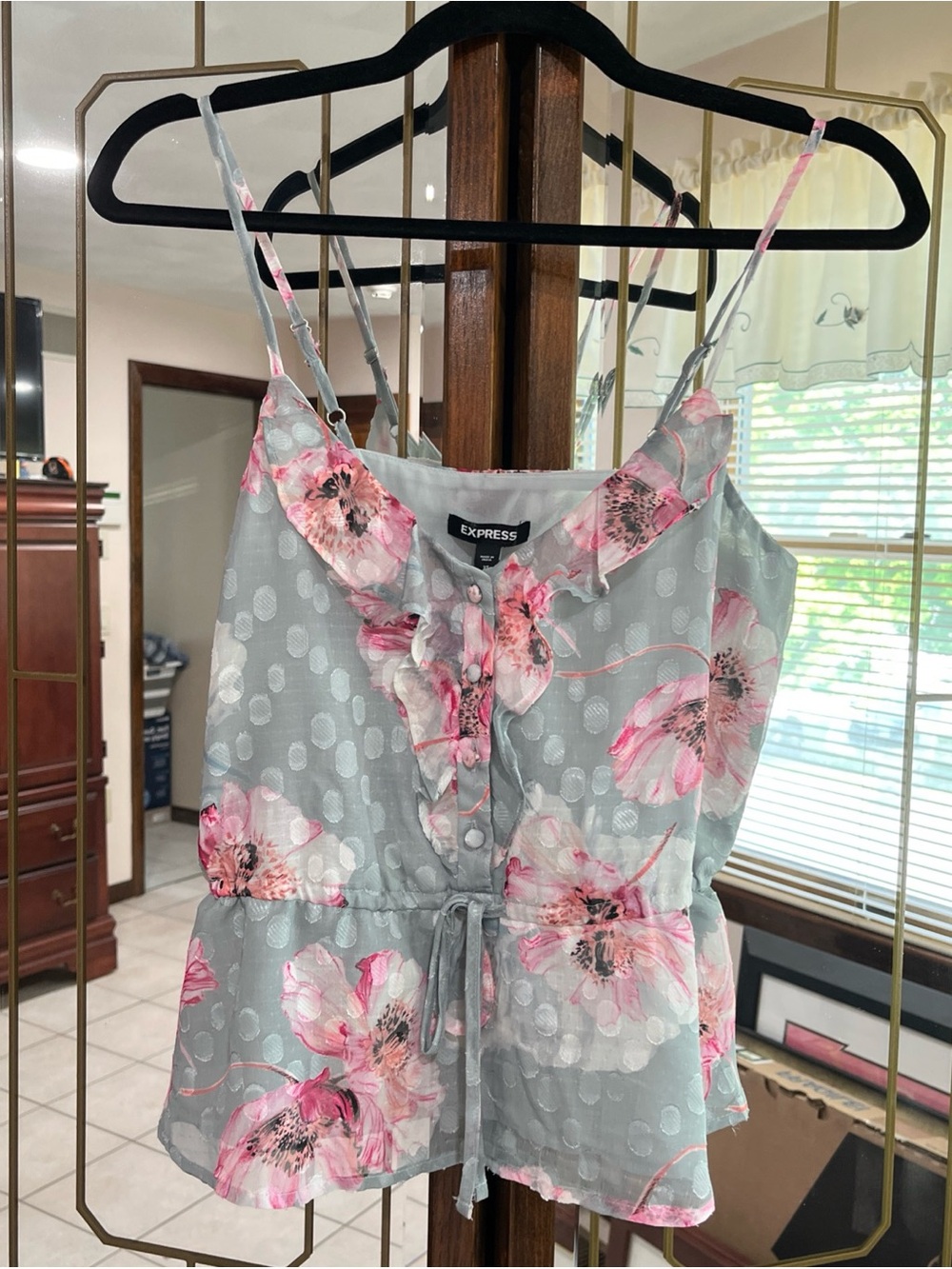 Express Gray Camisole with Pink Floral Print and Ruffle Front